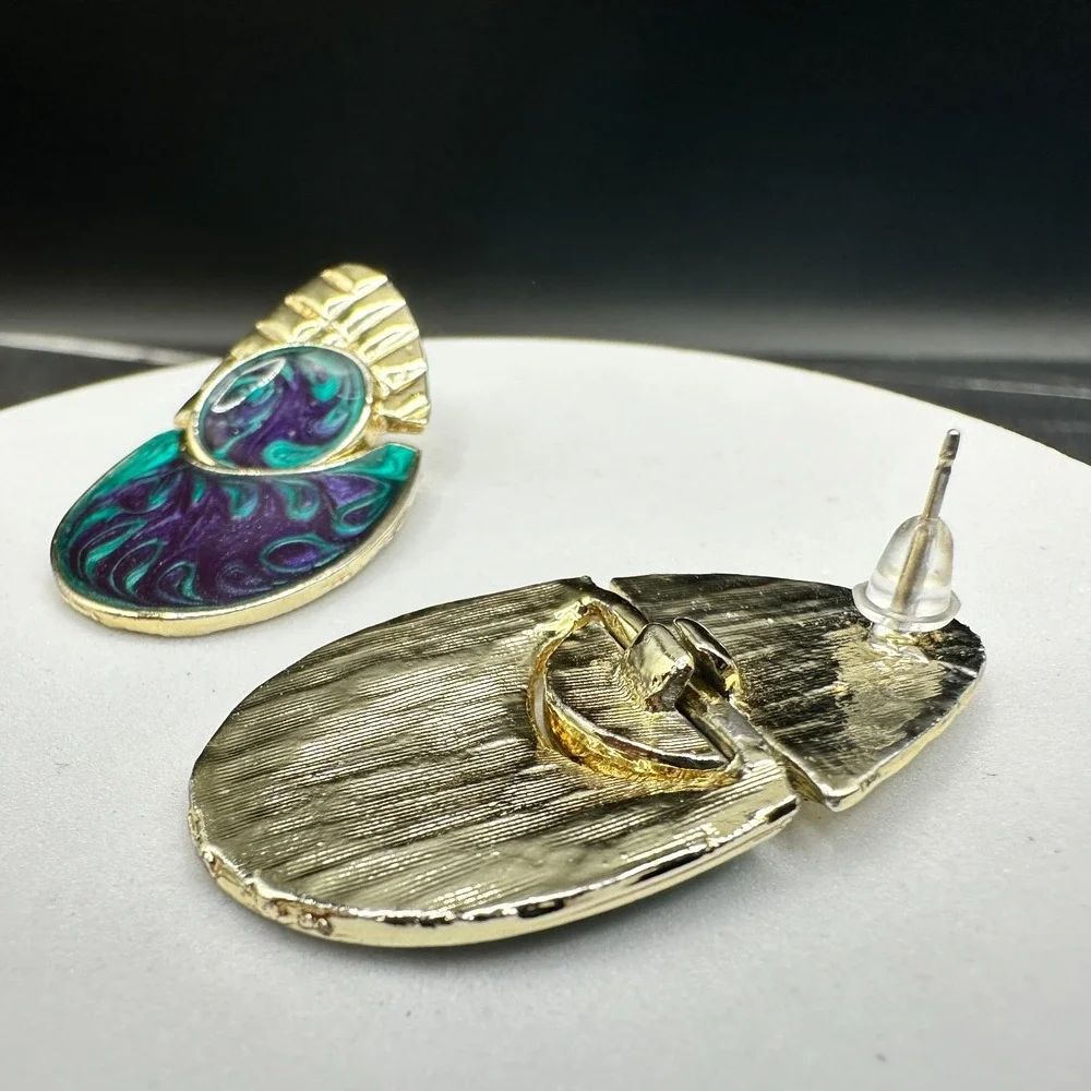 Vintage Abstract Enamel Drop Earrings Green Purple Gold Tone Modern Art Style